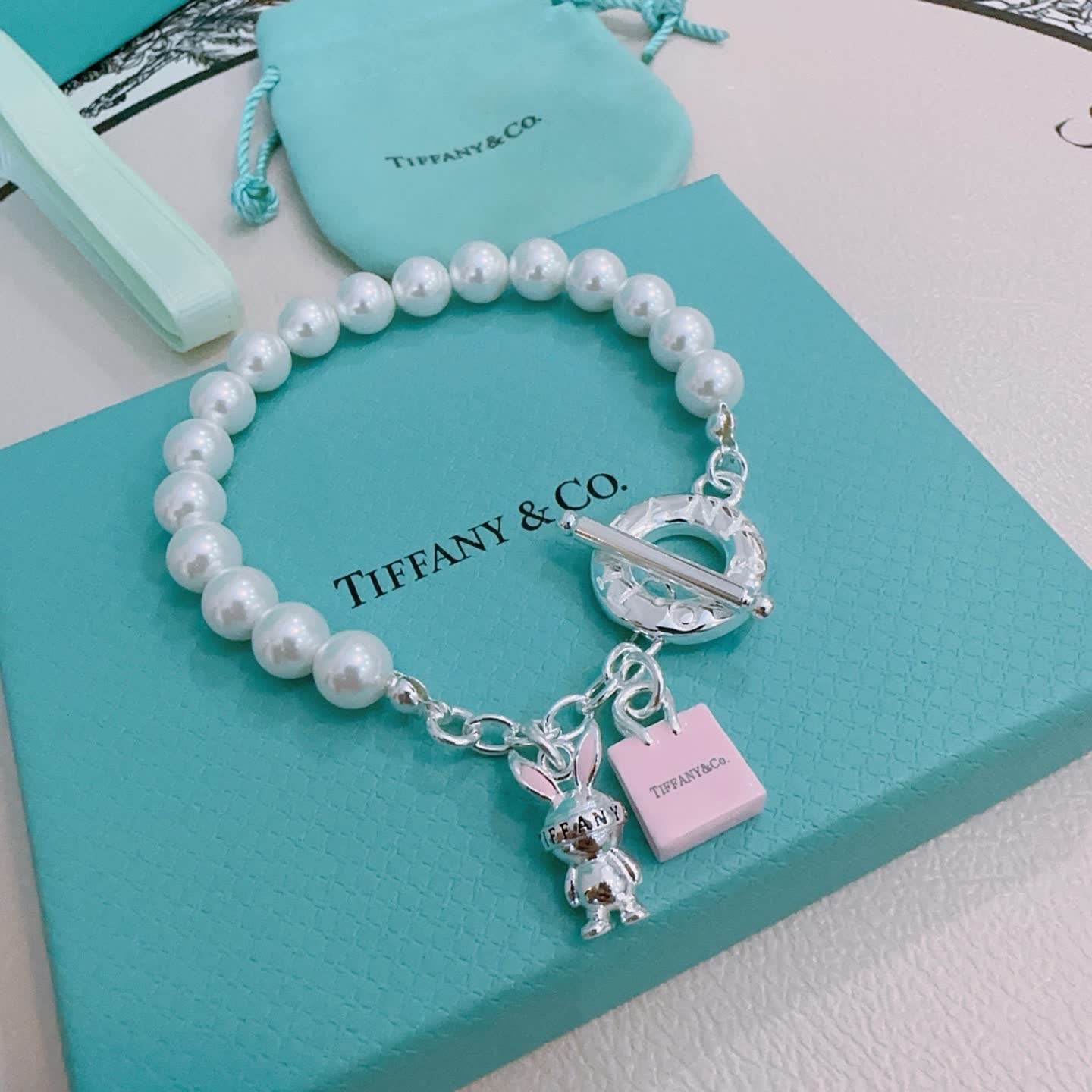 Tiffany & Co. Pearl Bracelet with Toggle Clasp and Charms